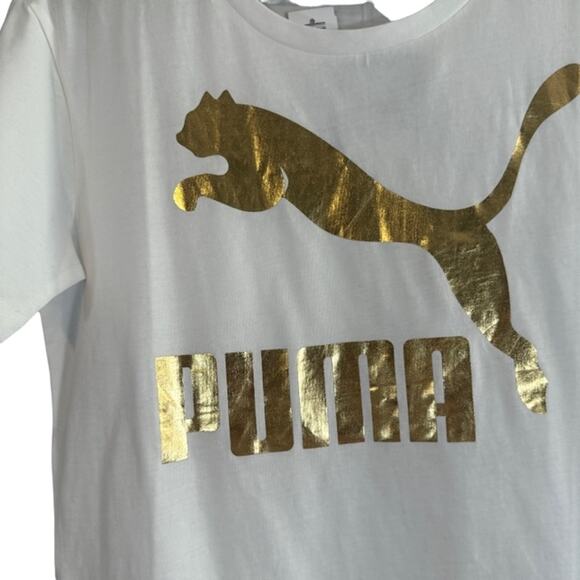 Puma White Short Sleeve Metallic Gold Logo Cat Front T-Shirt Women Sz XS - Picture 4 of 9